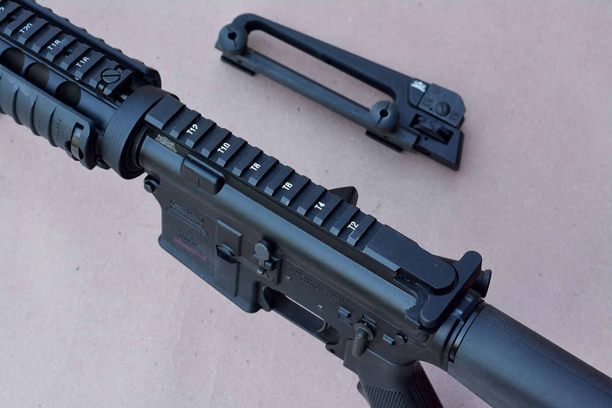 The PSA PA-15 features an A2-style detachable carry handle with rear sight.